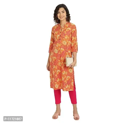 Haute & Humble-Cotton Floral Printed Straight Orange Wedding and Casual Women's Kurta Kurties-thumb2