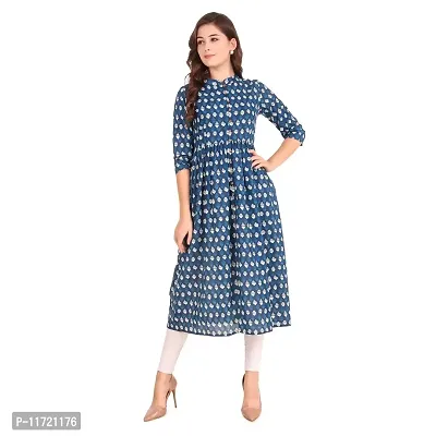 Haute  Humble Women's Pure Cotton Blue Printed Jaipuri Kurti 3/4 sleeve A-line Design Kurta-thumb3