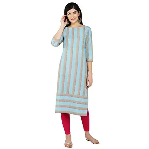 Haute Humble Women Stripes Straight Calf Length 3/4th Sleeve Kurti