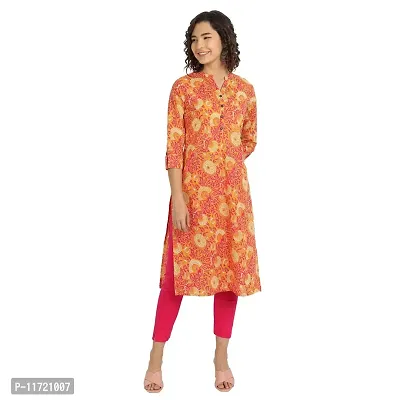 Haute & Humble-Cotton Floral Printed Straight Orange Wedding and Casual Women's Kurta Kurties-thumb0