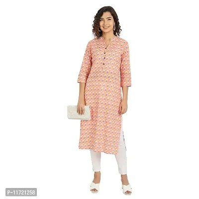 Haute & Humble Women's Cotton Printed Peach Color Straight Kurta Kurties-thumb0