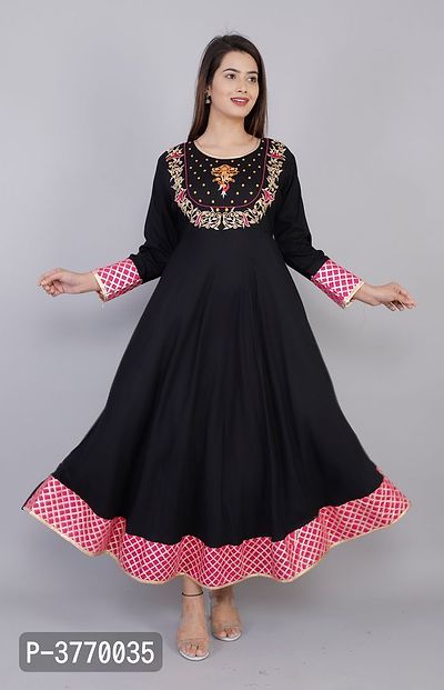 Elegant Black Embroidered Rayon Kurta For Women'S-thumb0