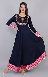 Elegant Navy Blue Embroidered Rayon Women's Kurta-thumb1