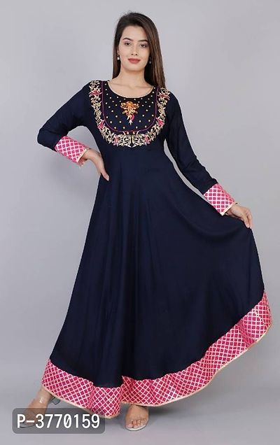 Elegant Navy Blue Embroidered Rayon Women's Kurta-thumb2