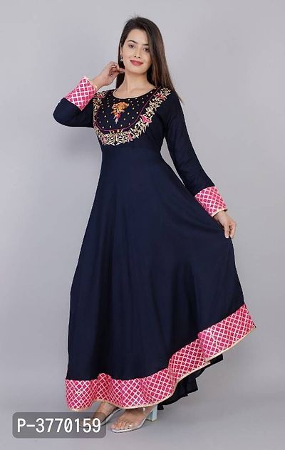 Elegant Navy Blue Embroidered Rayon Women's Kurta-thumb3