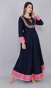 Elegant Navy Blue Embroidered Rayon Women's Kurta-thumb3