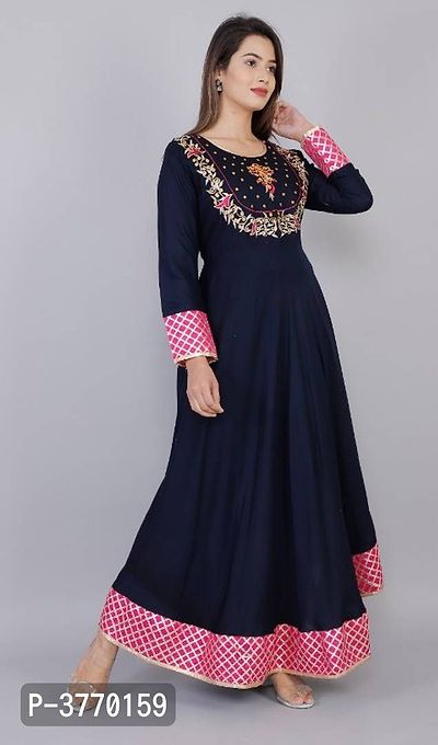 Elegant Navy Blue Embroidered Rayon Women's Kurta-thumb4