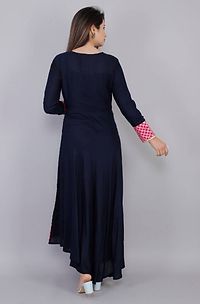 Elegant Navy Blue Embroidered Rayon Women's Kurta-thumb4