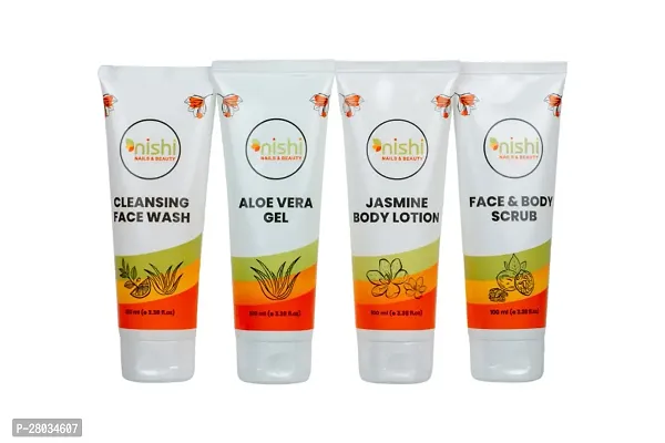 Nishi Cleansing Face Wash (200ML) Aloe vera Gel (200ML) Jasmine Body Lotion Face  Body Scrub Pack OF 4 (4 x 50 ml)