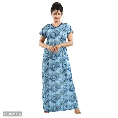 Elegant Blue Satin Printed Nighty For Women-thumb0