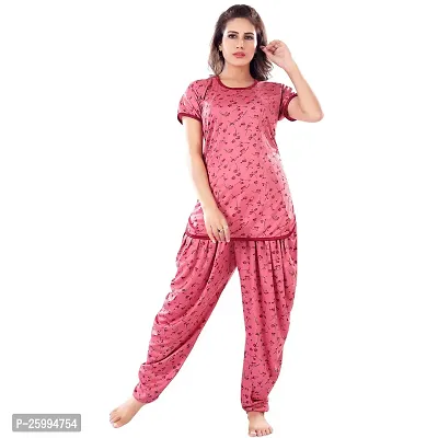 Zionity Pink Cotton Blend Printed Top  Pyjama Set For Women