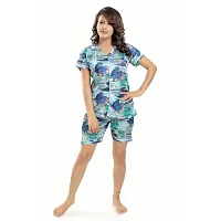 Zionity Blue Satin Printed Top And Shorts Set For Women-thumb4