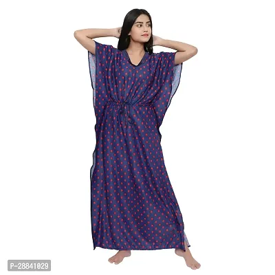 Elegant Navy Blue Satin Printed Nighty For Women-thumb0