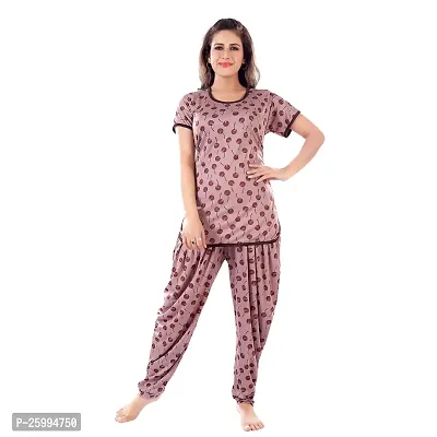 Zionity Brown Cotton Blend Printed Top  Pyjama Set For Women