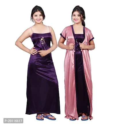 Elegant Purple Satin Solid Nighty With Robe For Women-thumb0