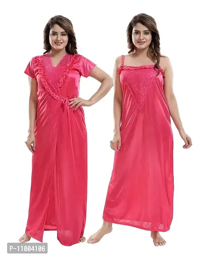 Zionity Women's Satin Full-Length Lace Nighty with Robe/Sleep Wear/Night Gown, Free Size (Hot Pink)-thumb0