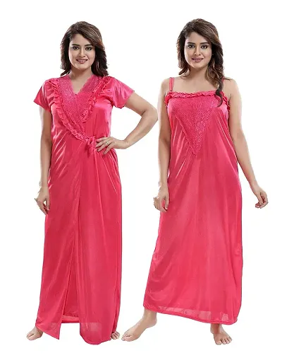 SHOPPING STATIONS Women's Satin Solid Maxi Nighty (SSN6192_Dark Pink_Free Size)