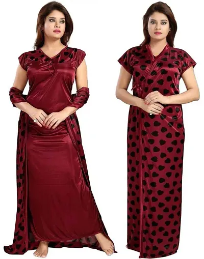 Chiyalifestyle Women's Satin Solid Maxi Nighty (set of 2) Pack of 1