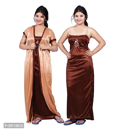 Elegant Brown Satin Solid Nighty With Robe For Women