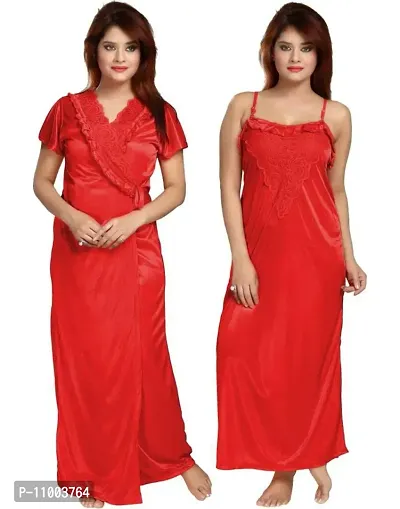 Zionity Women's Satin Full-Length Lace Nighty with Robe/Sleep Wear/Night Gown, Free Size (Red)