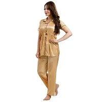 Zionity Women's Satin Button Down T-Shirt & Pyjama Set Beige-thumb4