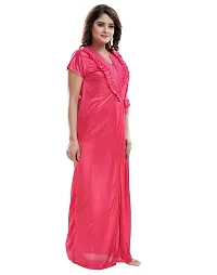 Zionity Women's Satin Full-Length Lace Nighty with Robe/Sleep Wear/Night Gown, Free Size (Hot Pink)-thumb2