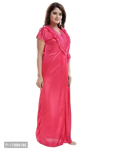 Zionity Women's Satin Full-Length Lace Nighty with Robe/Sleep Wear/Night Gown, Free Size (Hot Pink)-thumb3