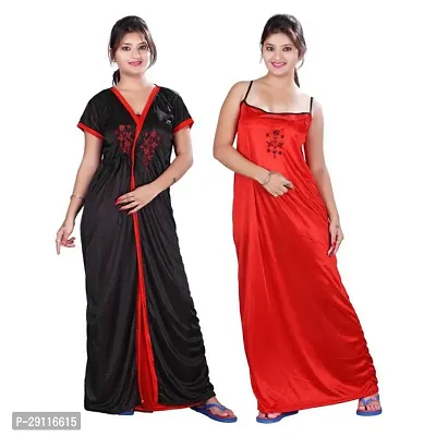 Elegant Red Satin Solid Nighty With Robe For Women