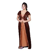 Elegant Brown Satin Solid Nighty With Robe For Women-thumb1