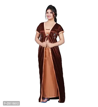 Elegant Brown Satin Solid Nighty With Robe For Women-thumb2