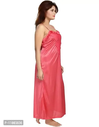 Zionity Women's Satin Full-Length Lace Nighty with Robe/Sleep Wear/Night Gown, Free Size (Pink)-thumb3