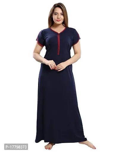 Elegant Blue Cotton Solid Nightdress For Women-thumb0