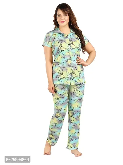 Zionity Blue Cotton Blend Printed Top  Pyjama Set For Women-thumb0