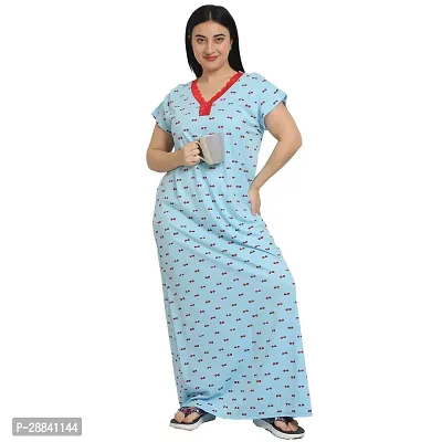 Elegant Blue Cotton Floral Nighty For Women-thumb0