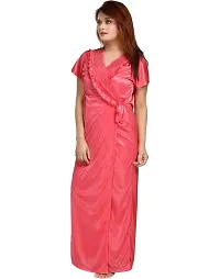 Zionity Women's Satin Full-Length Lace Nighty with Robe/Sleep Wear/Night Gown, Free Size (Pink)-thumb4