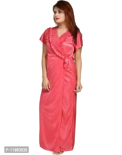 Zionity Women's Satin Full-Length Lace Nighty with Robe/Sleep Wear/Night Gown, Free Size (Pink)-thumb5