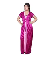 Elegant Pink Satin Solid Nighty With Robe For Women-thumb1