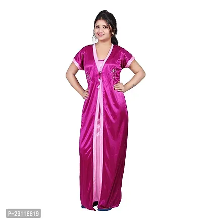 Elegant Pink Satin Solid Nighty With Robe For Women-thumb2