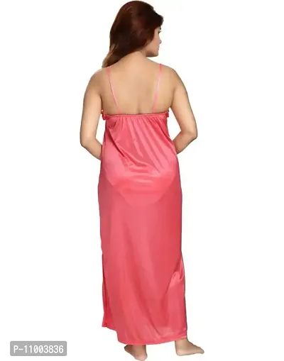 Zionity Women's Satin Full-Length Lace Nighty with Robe/Sleep Wear/Night Gown, Free Size (Pink)-thumb4