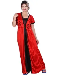 Elegant Black Satin Solid Nighty With Robe For Women-thumb3