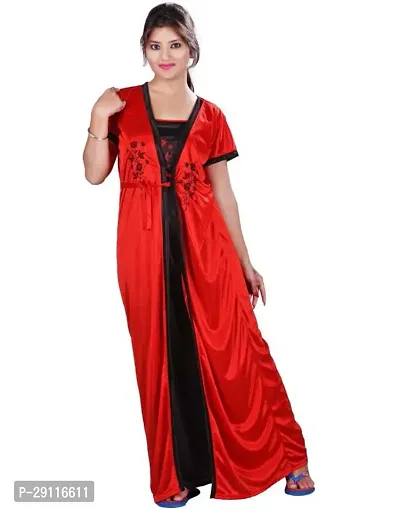 Elegant Black Satin Solid Nighty With Robe For Women-thumb4