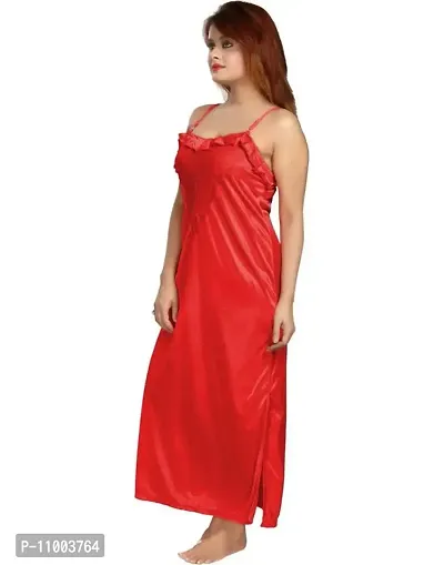 Zionity Women's Satin Full-Length Lace Nighty with Robe/Sleep Wear/Night Gown, Free Size (Red)-thumb3