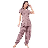 Zionity Brown Cotton Blend Printed Top  Pyjama Set For Women-thumb2