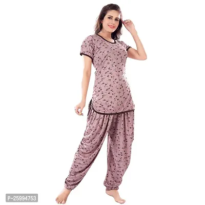 Zionity Brown Cotton Blend Printed Top  Pyjama Set For Women-thumb3