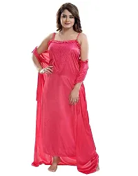 Zionity Women's Satin Full-Length Lace Nighty with Robe/Sleep Wear/Night Gown, Free Size (Hot Pink)-thumb3