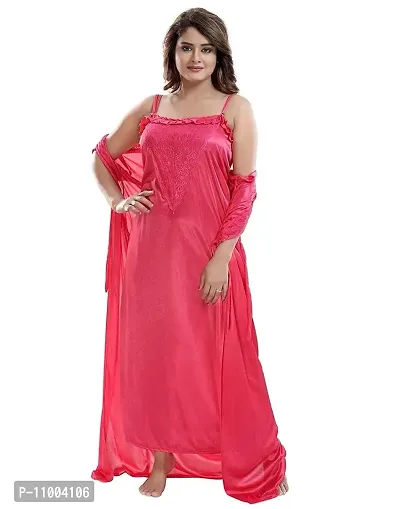 Zionity Women's Satin Full-Length Lace Nighty with Robe/Sleep Wear/Night Gown, Free Size (Hot Pink)-thumb4