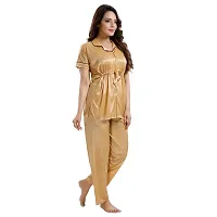 Zionity Women's Satin Button Down T-Shirt & Pyjama Set Beige-thumb3