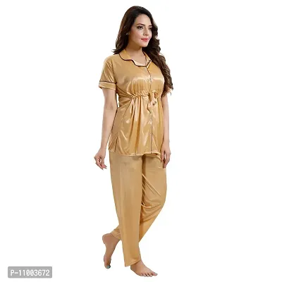 Zionity Women's Satin Button Down T-Shirt & Pyjama Set Beige-thumb4