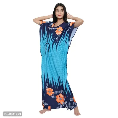 Elegant Blue Satin Printed Nighty For Women-thumb0