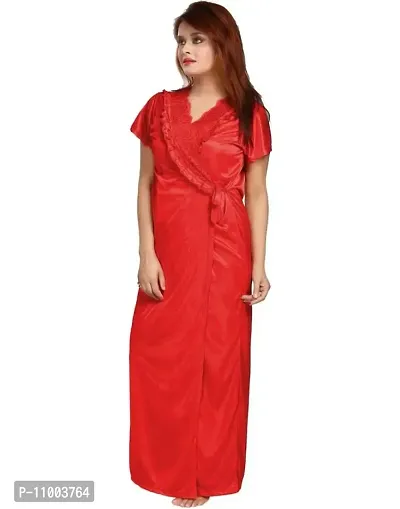 Zionity Women's Satin Full-Length Lace Nighty with Robe/Sleep Wear/Night Gown, Free Size (Red)-thumb5